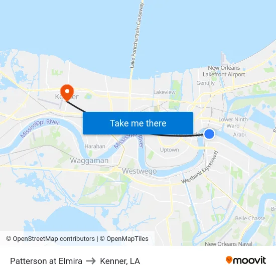 Patterson at Elmira to Kenner, LA map