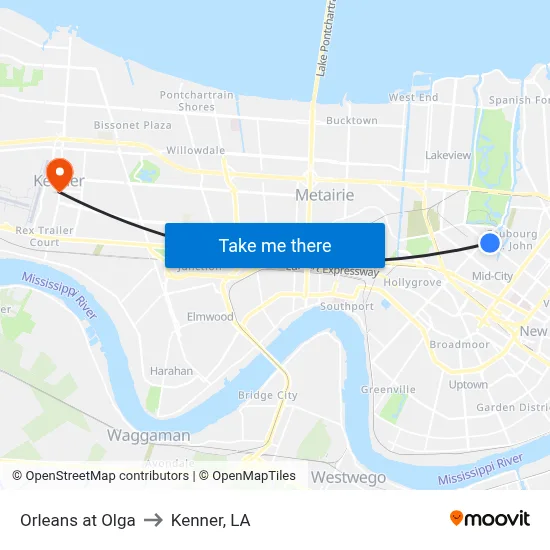 Orleans at Olga to Kenner, LA map
