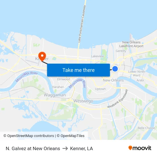 N. Galvez at New Orleans to Kenner, LA map
