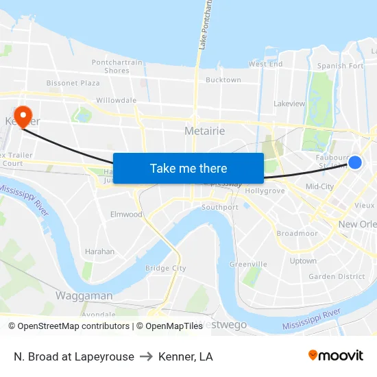 N. Broad at Lapeyrouse to Kenner, LA map