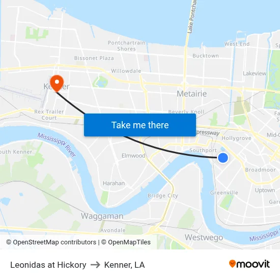 Leonidas at Hickory to Kenner, LA map