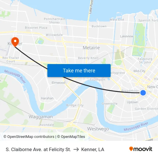 S. Claiborne Ave. at Felicity St. to Kenner, LA map
