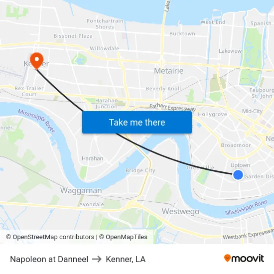 Napoleon at Danneel to Kenner, LA map