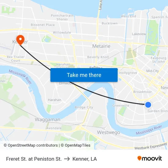Freret St. at Peniston St. to Kenner, LA map