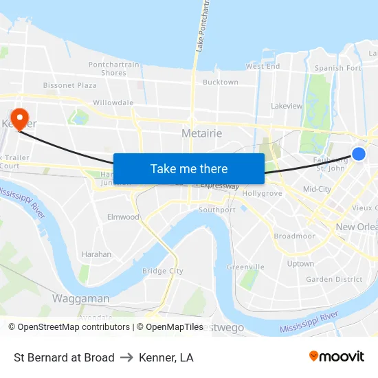 St Bernard at Broad to Kenner, LA map