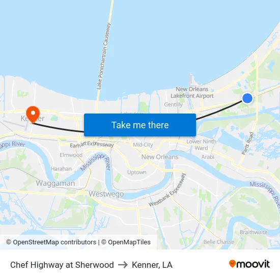 Chef Highway at Sherwood to Kenner, LA map