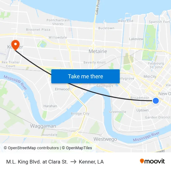 M.L. King Blvd. at Clara St. to Kenner, LA map