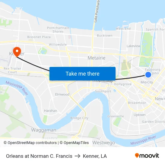 Orleans at Norman C. Francis to Kenner, LA map