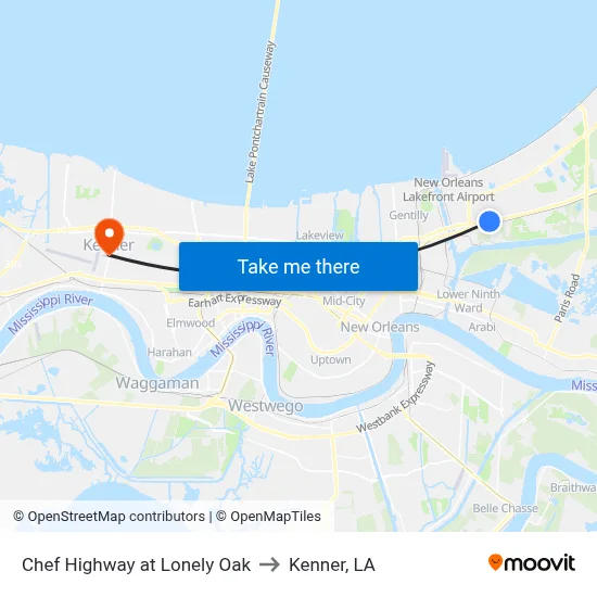 Chef Highway at Lonely Oak to Kenner, LA map