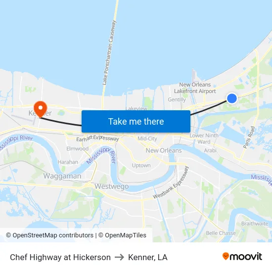 Chef Highway at Hickerson to Kenner, LA map