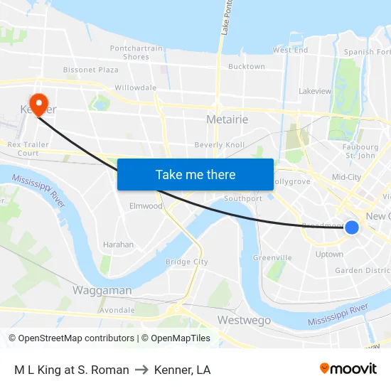 M L King at S. Roman to Kenner, LA map