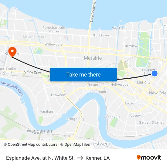 Esplanade Ave. at N. White St. to Kenner, LA map