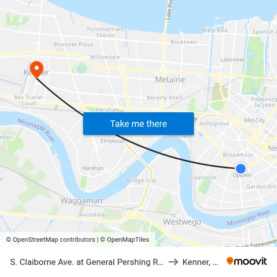 S. Claiborne Ave. at General Pershing Rd. to Kenner, LA map