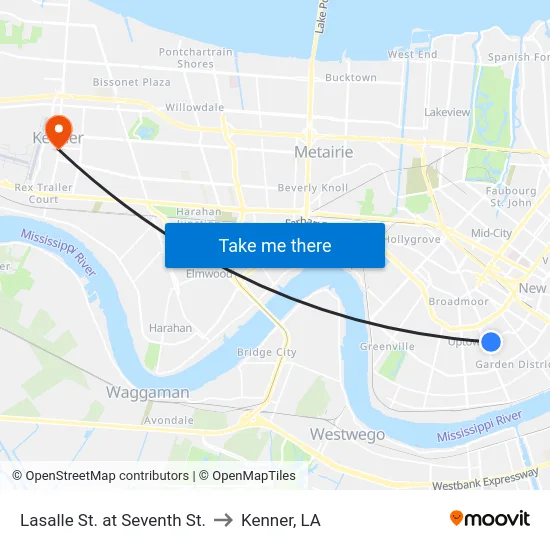 Lasalle St. at Seventh St. to Kenner, LA map