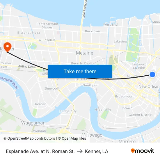 Esplanade Ave. at N. Roman St. to Kenner, LA map