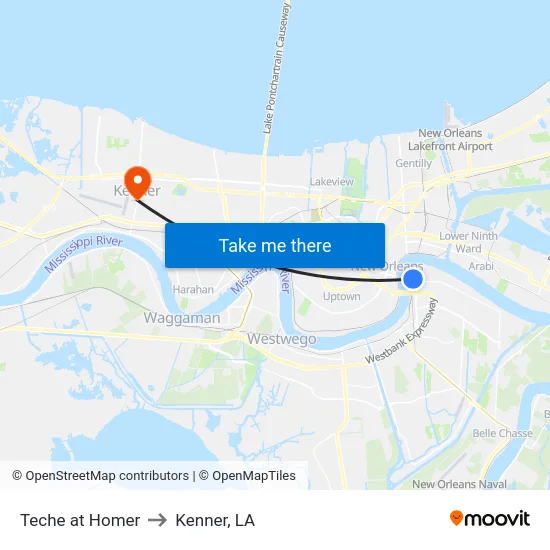 Teche at Homer to Kenner, LA map