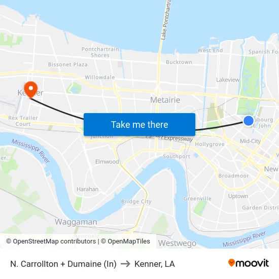 N. Carrollton + Dumaine (In) to Kenner, LA map