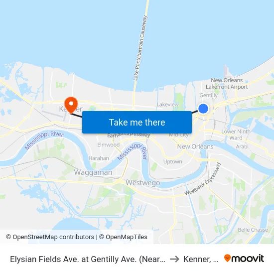 Elysian Fields Ave. at Gentilly Ave. (Nearside) to Kenner, LA map
