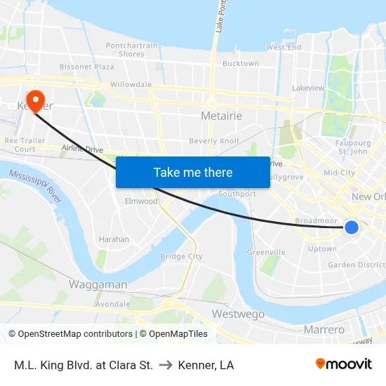 M.L. King Blvd. at Clara St. to Kenner, LA map