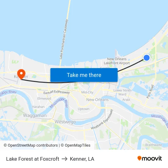 Lake Forest at Foxcroft to Kenner, LA map