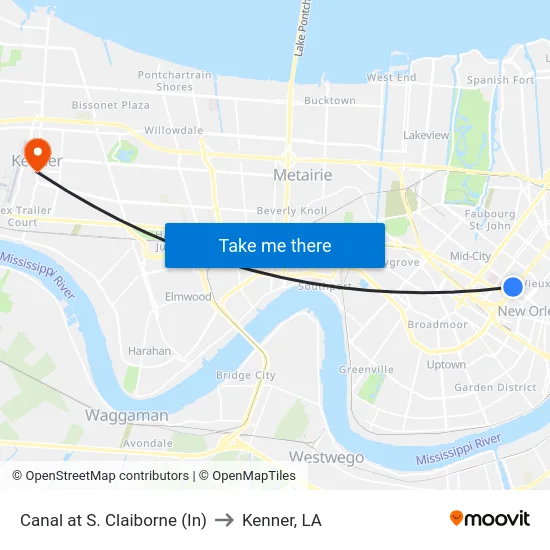 Canal at S. Claiborne (In) to Kenner, LA map