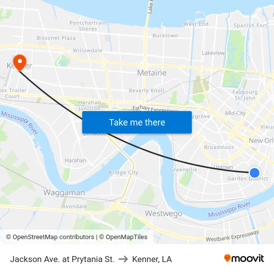 Jackson Ave. at Prytania St. to Kenner, LA map