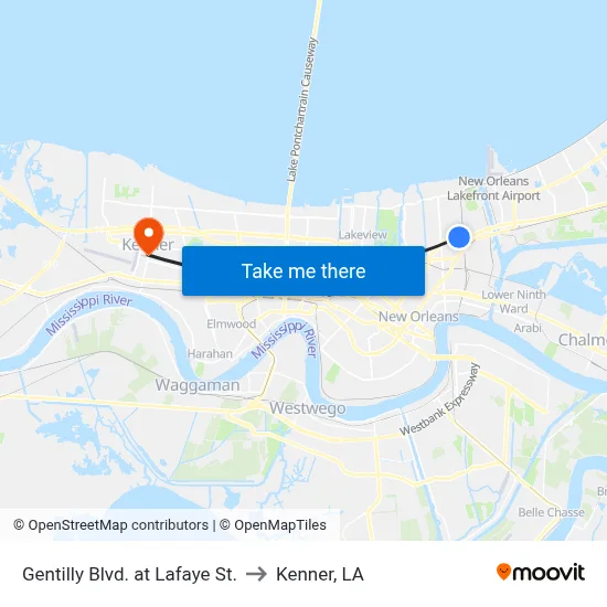 Gentilly Blvd. at Lafaye St. to Kenner, LA map