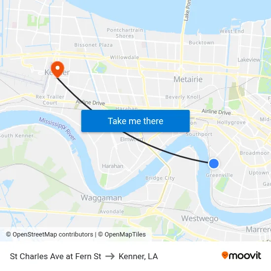 St Charles Ave at Fern St to Kenner, LA map