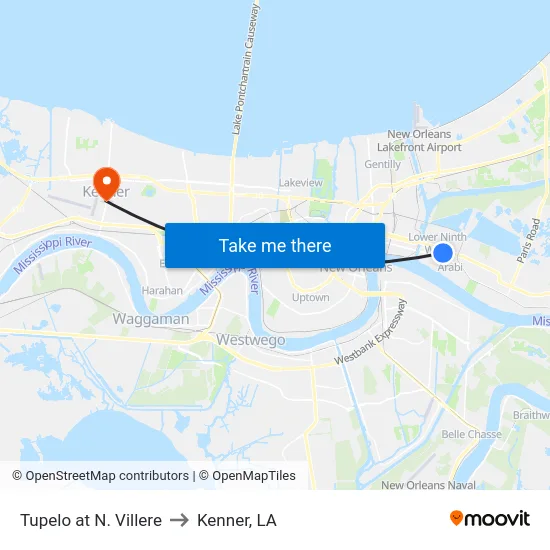 Tupelo at N. Villere to Kenner, LA map