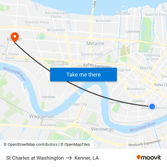 St Charles at Washington to Kenner, LA map
