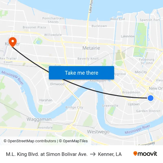 M.L. King Blvd. at Simon Bolivar Ave. to Kenner, LA map