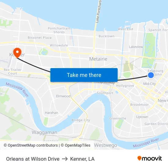 Orleans at Wilson Drive to Kenner, LA map