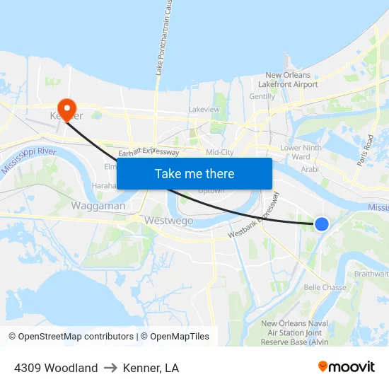 4309 Woodland to Kenner, LA map