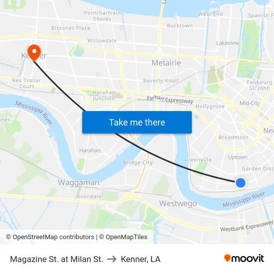 Magazine St. at Milan St. to Kenner, LA map