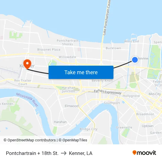 Pontchartrain + 18th St. to Kenner, LA map