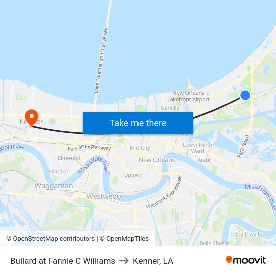 Bullard at Fannie C Williams to Kenner, LA map