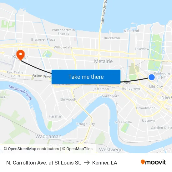 N. Carrollton Ave. at St Louis St. to Kenner, LA map