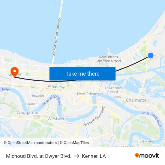 Michoud Blvd. at Dwyer Blvd. to Kenner, LA map