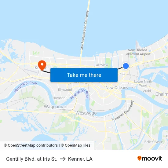 Gentilly Blvd. at Iris St. to Kenner, LA map