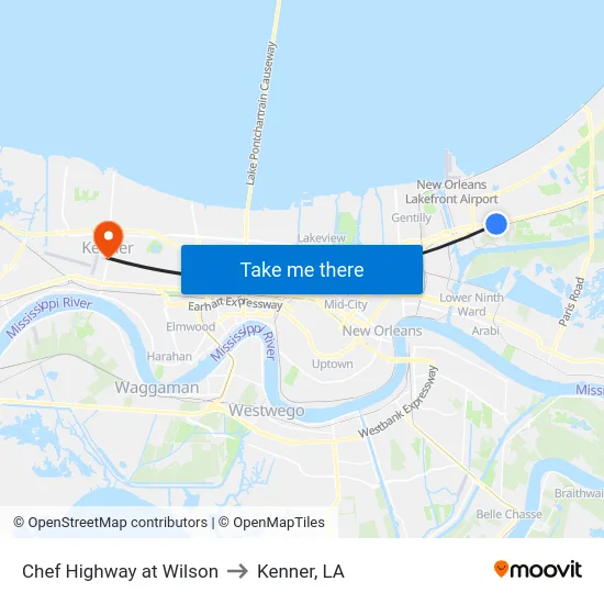 Chef Highway at Wilson to Kenner, LA map