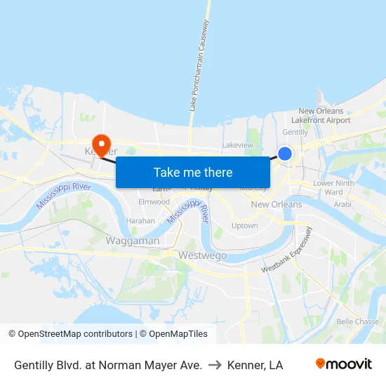 Gentilly Blvd. at Norman Mayer Ave. to Kenner, LA map