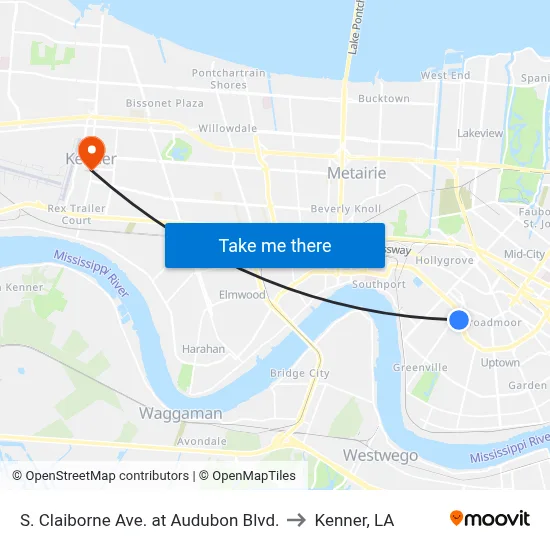 S. Claiborne Ave. at Audubon Blvd. to Kenner, LA map