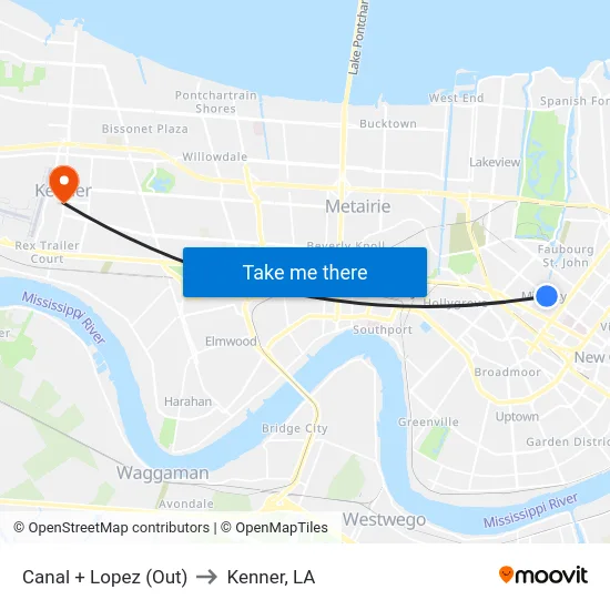 Canal + Lopez (Out) to Kenner, LA map