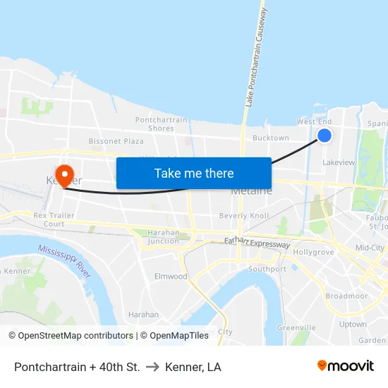 Pontchartrain + 40th St. to Kenner, LA map