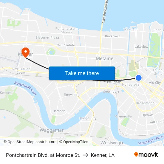 Pontchartrain Blvd. at Monroe St. to Kenner, LA map