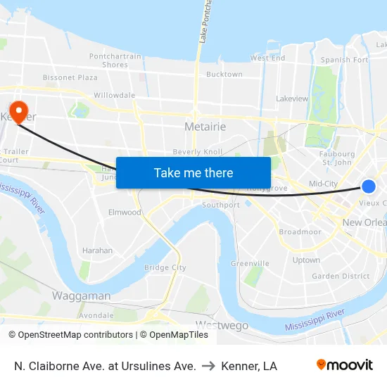 N. Claiborne Ave. at Ursulines Ave. to Kenner, LA map