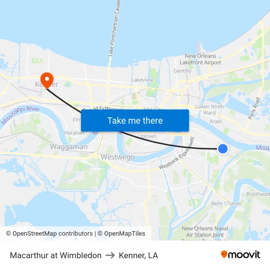 Macarthur at Wimbledon to Kenner, LA map