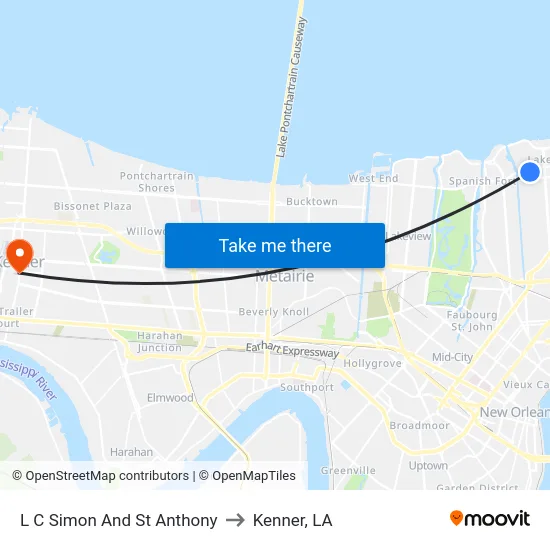 L C Simon And St Anthony to Kenner, LA map