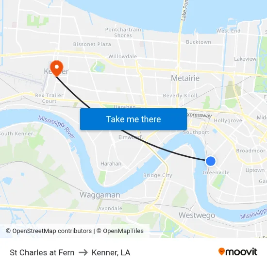 St Charles at Fern to Kenner, LA map