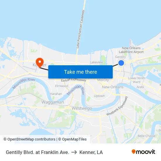 Gentilly Blvd. at Franklin Ave. to Kenner, LA map